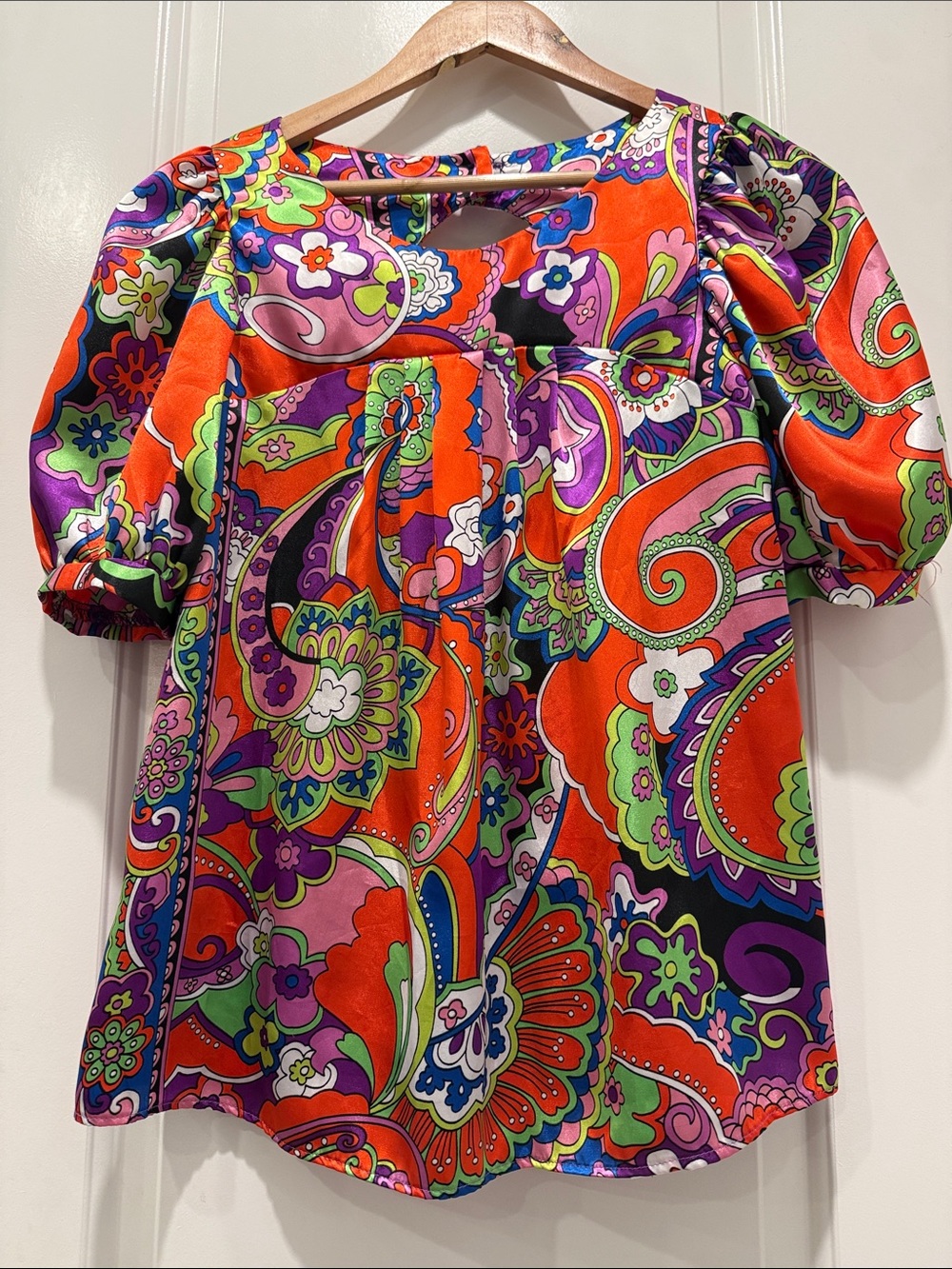 Karlie Vibrant Paisley Puff-Sleeve Blouse - Orange, Purple, Green, Pink